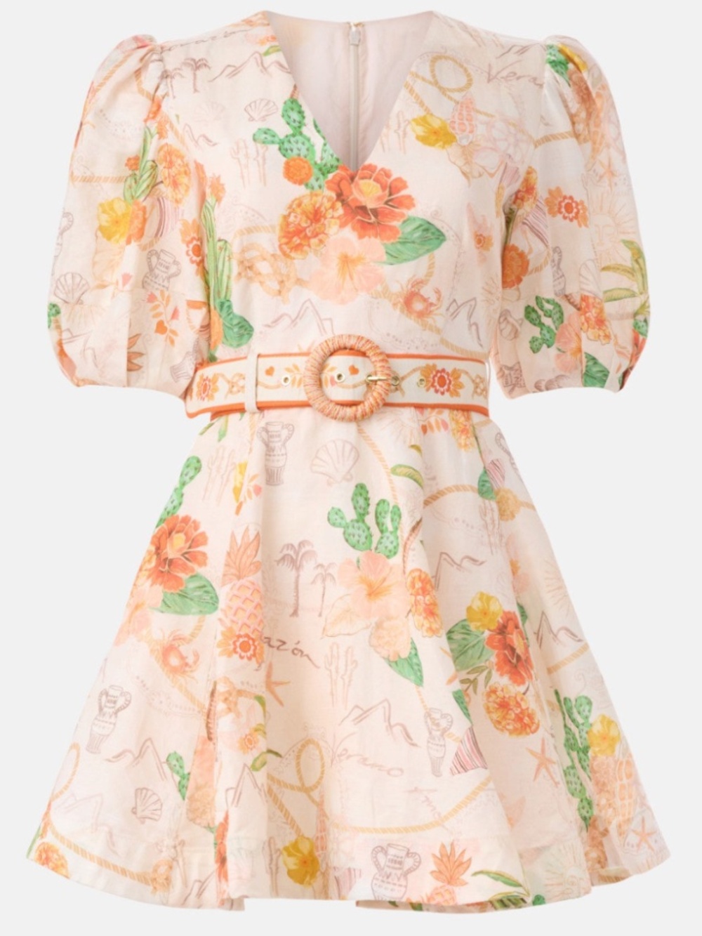 Kate Ford Tacana Plunge Mini Dress Belt Linen Floral Orange Ivory - Size 0